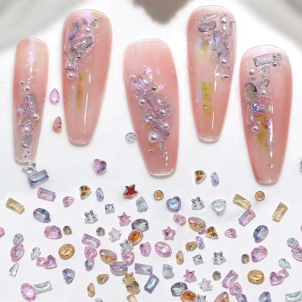 50pcs Dazzling Zircon Nail Art Rhinestone Mini 1-4mm Mixed-shape(Rhombic,Oval,Heart) Nail Gemstone 3D Flatback Bling NailDiamond