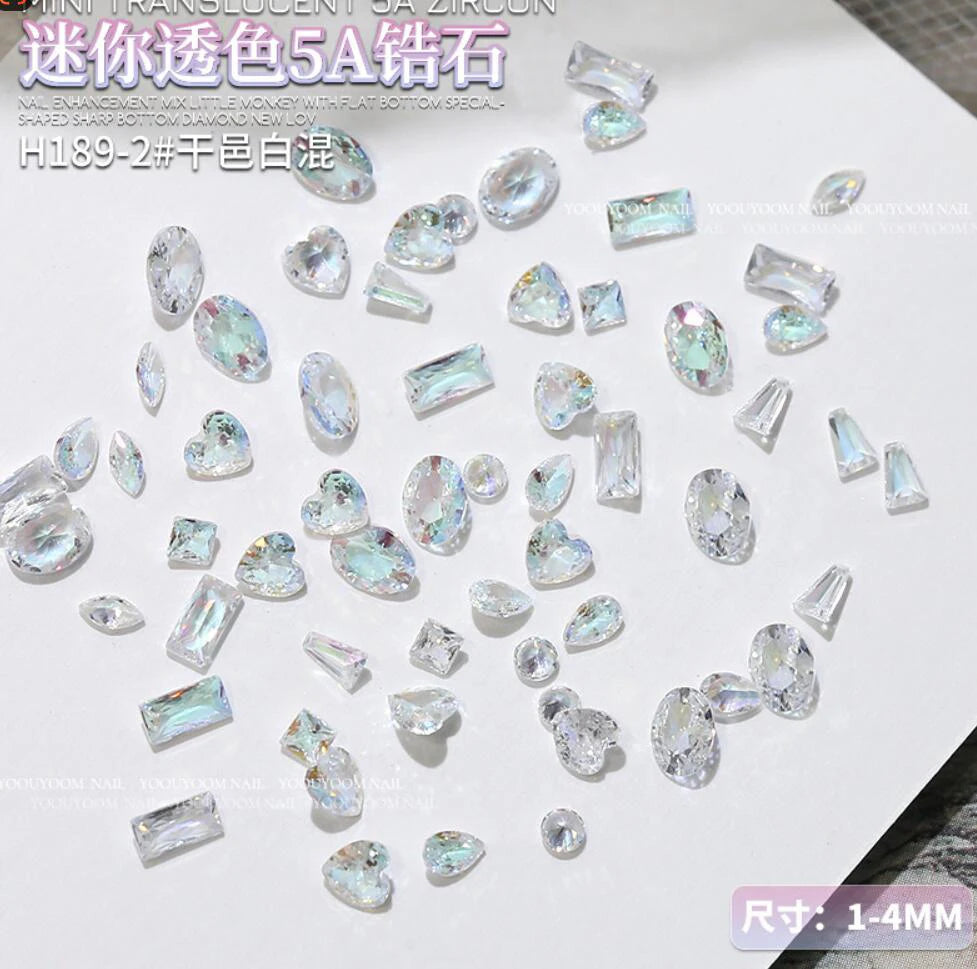 50pcs Dazzling Zircon Nail Art Rhinestone Mini 1-4mm Mixed-shape(Rhombic,Oval,Heart) Nail Gemstone 3D Flatback Bling NailDiamond