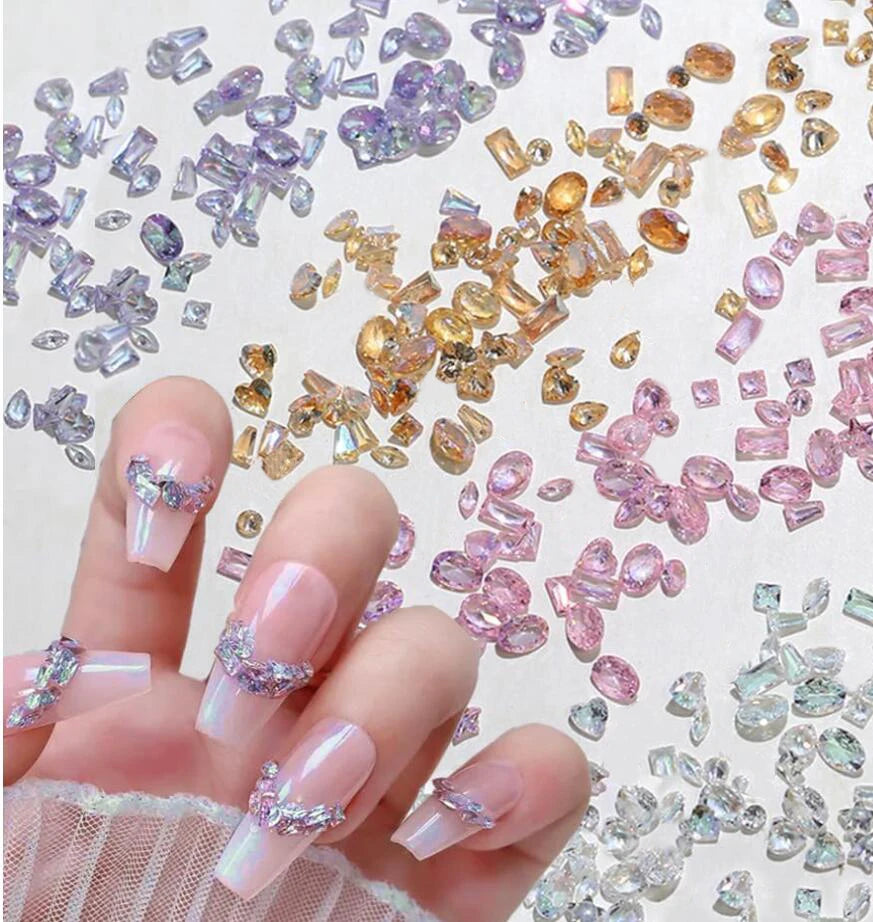 50pcs Dazzling Zircon Nail Art Rhinestone Mini 1-4mm Mixed-shape(Rhombic,Oval,Heart) Nail Gemstone 3D Flatback Bling NailDiamond